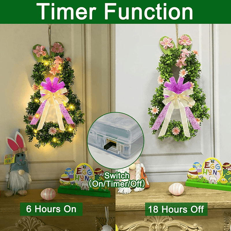 17" Lighted Easter Wreath Decoration for Front Door, Spring Wreath with Bunny, Easter Eggs, Battery Operated with Timer Light 18 LED Green Leaves Eucalyptus Wreath for Easter Decor Home Indoor Wall
