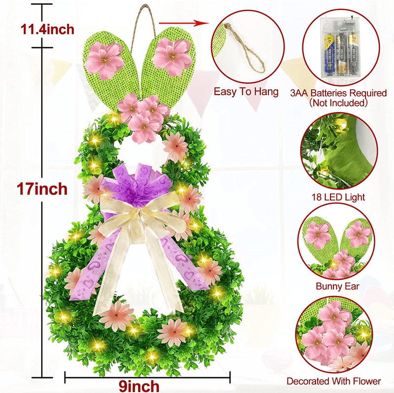 17" Lighted Easter Wreath Decoration for Front Door, Spring Wreath with Bunny, Easter Eggs, Battery Operated with Timer Light 18 LED Green Leaves Eucalyptus Wreath for Easter Decor Home Indoor Wall