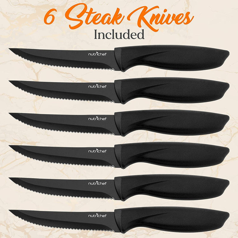 17 Piece Kitchen Knife Set - Stainless Steel Kitchen Precision Knives Set W/ 6 Steak Knives & Bonus Sharpener, Scissors, Peeler, Acrylic Block Stand - Slicing, Chopping, Dicing - Nutrichef NCKNS17