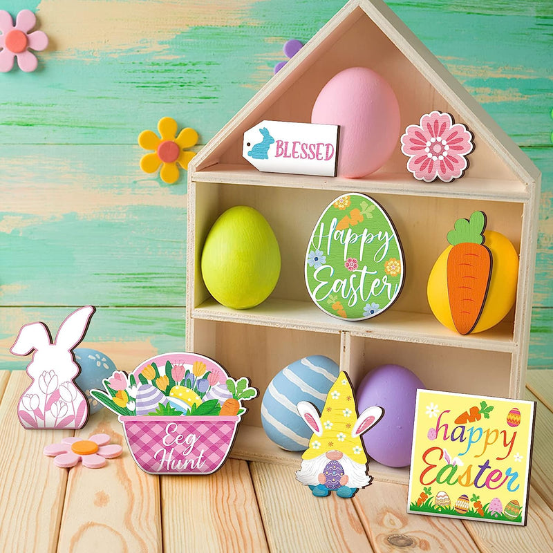 14 Pcs Easter Tiered Tray Decor Happy Easter Egg Mini Wood Sign Rustic Gnomes Bunny Spring Sign Decor Wooden Carrot Easter Decorations for Farmhouse Home Kitchen Office Table Party Gift Home & Garden > Decor > Seasonal & Holiday Decorations Kathfly   