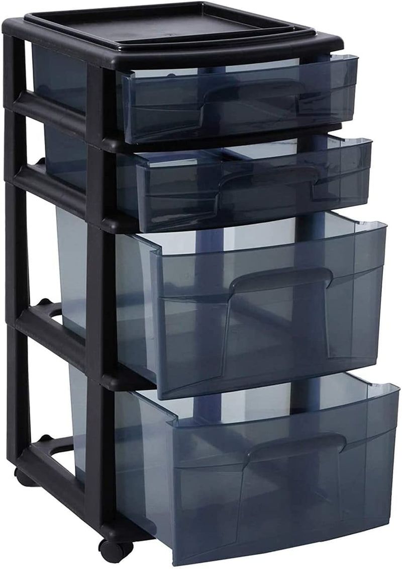 Homz Tall Solid Plastic Versatile 4 Drawer Medium Home Storage Cart with 4 Caster Wheels for Home, Office, Dorm, and Classroom, Black