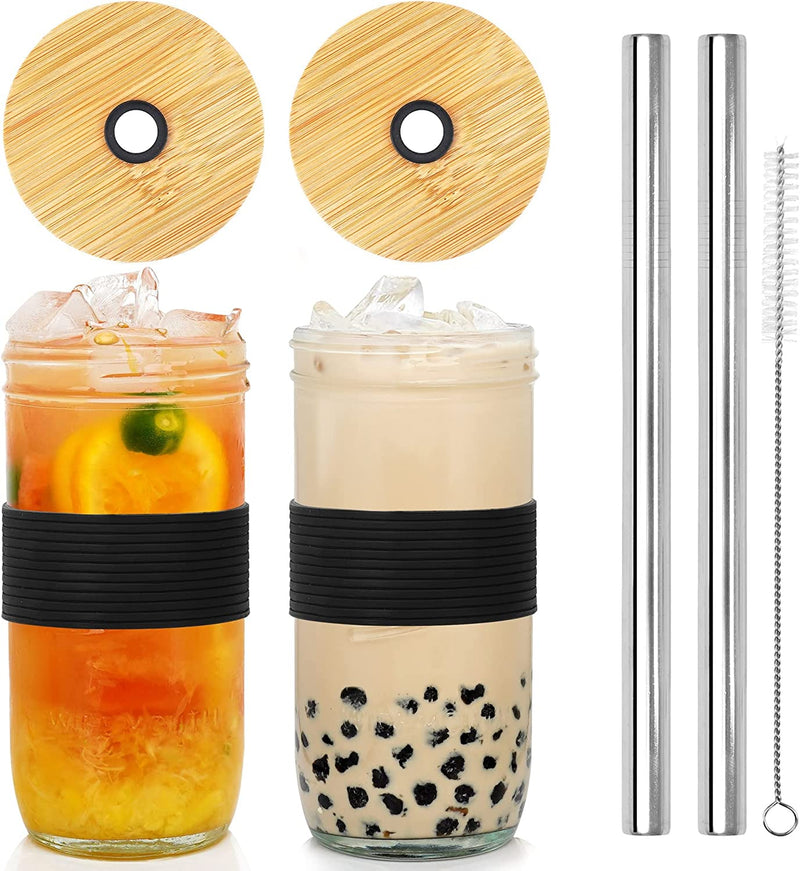Mason Jar with Lid and Straw, ANOTION 32Oz Wide Mouth Boba Cup Reusable Drinking Glasses Tumbler Smoothie Water Bottles for Iced Coffee Margaritas Ice Cream Juice Cocktail Travel Office Home Home & Garden > Kitchen & Dining > Tableware > Drinkware ANOTION 2 Jars: Upgrade Bamboo Lid+Black Non-Slip Cover  