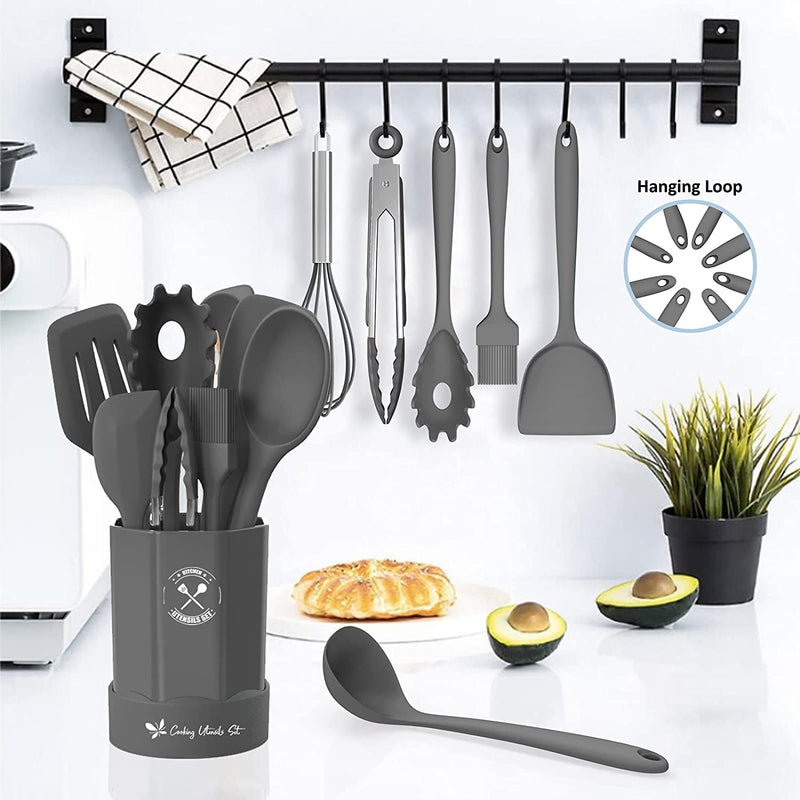 Silicone Kitchen Utensils Set, 16-Piece Silicone Cooking Utensils by Deedro, Heat Resistant Kitchen Tools Set with Holder, Nonstick Spatula Kitchen Gadgets for Cooking & Baking, Gray Home & Garden > Kitchen & Dining > Kitchen Tools & Utensils Deedro   