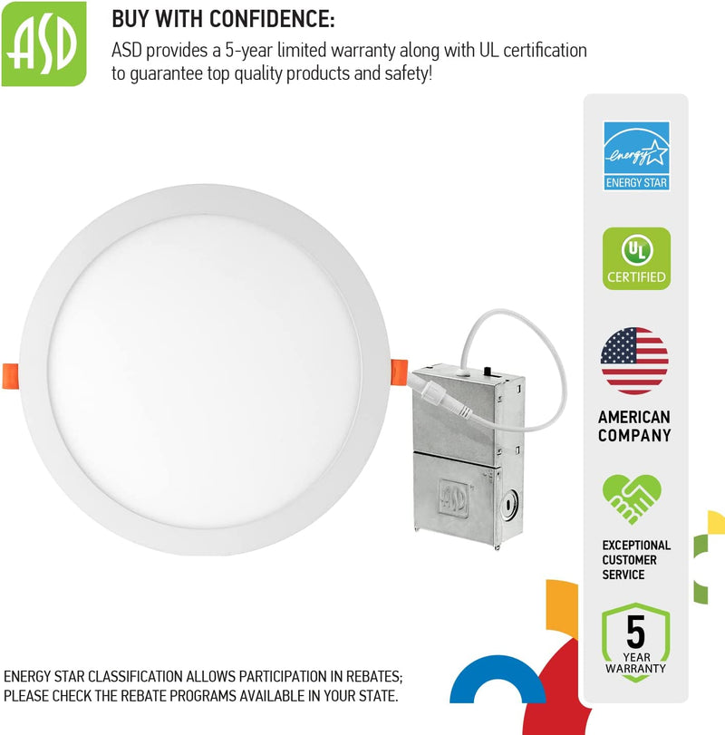 ASD 12 Inch LED Recessed Light, 5 CCT 2700K-5000K Selectable, 24W 90W Eqv, Dimmable Ultra-Thin Canless round Ceiling Wafer Downlight with Junction Box, 2169Lm High Brightness - UL Energy Star Home & Garden > Lighting > Flood & Spot Lights ASD   