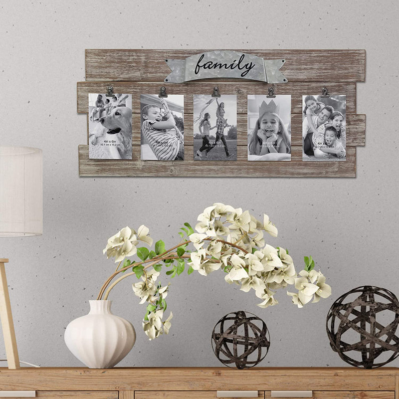 Stonebriar Rustic Wood Collage Picture Frame with Clips and Metal Detail Brown 26" X 11"