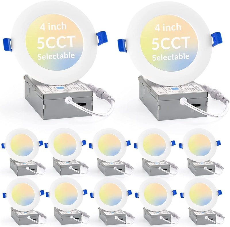 Gasonny 6Pack 4 Inch 5CCT Ultra-Thin LED Recessed Ceiling Light with Junction Box, 2700K/3000K/3500K/4000K/5000K Selectable, 9W Eqv,Dimmable Can-Killer Downlight,750Lm High Brightness - ETL Listed