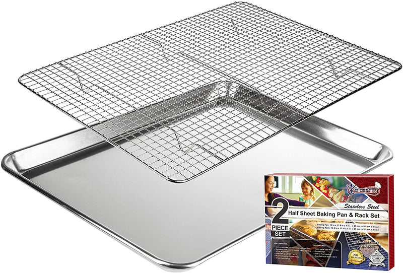 Half Baking Sheet & Cooling Rack - 1/2 Aluminum Baking Pan with Stainless Steel Wire Rack Set - Large Cookie Sheets for Baking - Baking Sheets for Oven Sheet Pan Tray & Rack - 13.1" X 17.9" Home & Garden > Kitchen & Dining > Cookware & Bakeware KITCHENATICS Half Sheet Set  