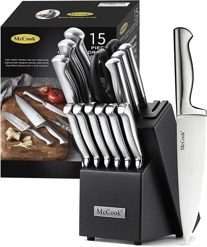 Mccook MC29 Knife Sets,15 Pieces German Stainless Steel Kitchen Knife Block Sets with Built-In Sharpener Home & Garden > Kitchen & Dining > Kitchen Tools & Utensils > Kitchen Knives McCook Silver/Black 15 Pieces 