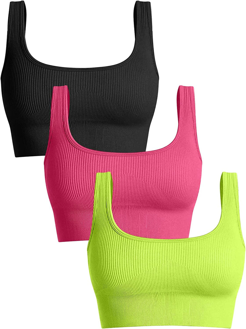 OQQ Women'S 3 Piece Medium Support Tank Top Ribbed Seamless Removable Cups Workout Exercise Sport Bra Sporting Goods > Outdoor Recreation > Winter Sports & Activities OQQ Black Coral Grassgreen Small 