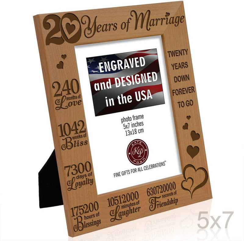 KATE POSH - 20 Years of Marriage, Our 20Th Anniversary Engraved Natural Wood Picture Frame, Twenty Years Together, Wedding for Husband & Wife (5X7 Vertical) Home & Garden > Decor > Picture Frames KATE POSH   