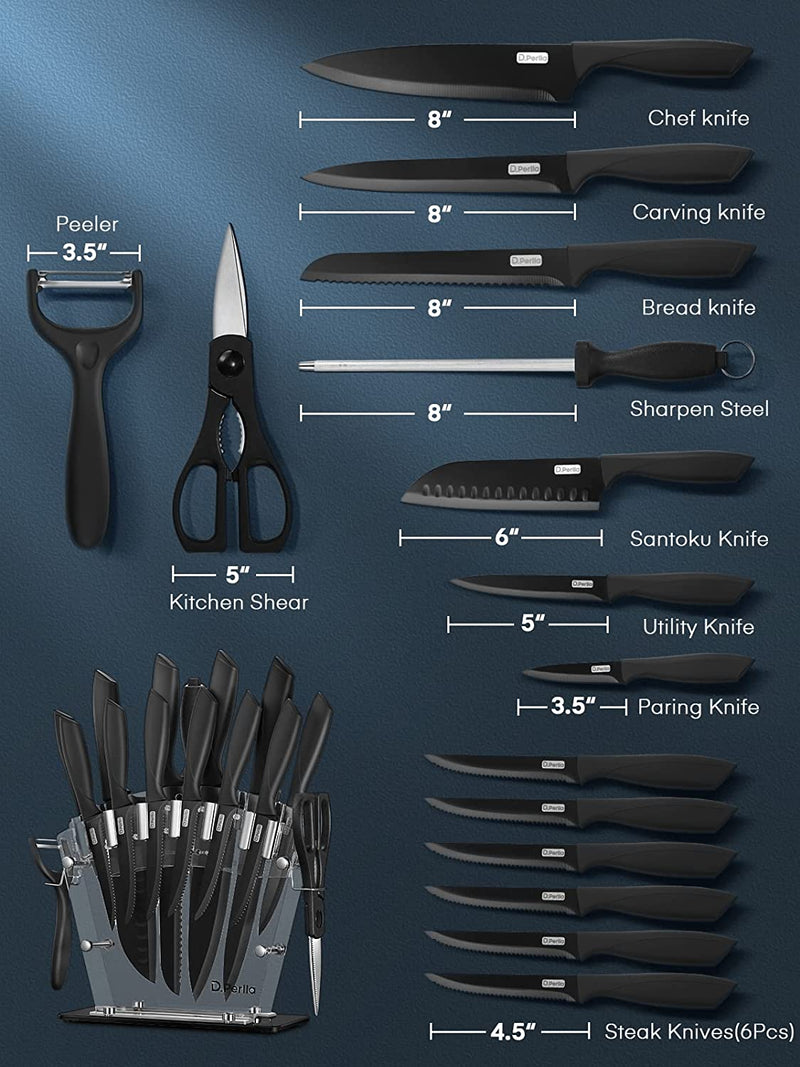 Knife Set, D.Perlla 16 Pieces Black Kitchen Knife Set with Acrylic Stand, High Carbon Stainless Steel, BO Oxidation Knife Block Set, No Rust, Non Slip Handle, Sharp Knife