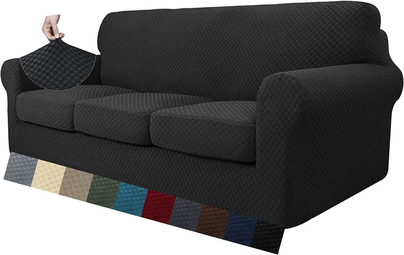 MAXIJIN 4 Piece Newest Couch Covers for 3 Cushion Couch Super Stretch Non Slip Couch Cover for Dogs Pet Friendly Elastic Jacquard Furniture Protector Sofa Slipcovers (Sofa, Dark Coffee) Home & Garden > Decor > Chair & Sofa Cushions MAXIJIN Black 91"-110"(3 CUSHIONS) 
