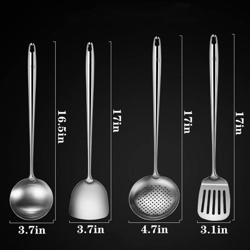 17Inch 304 Stainless Steel Wok Cooking Utensils Set - 4PC Long Handle Wok Spatula and Ladle Set - Heat Resistant Kitchen Wok Cooking Tools