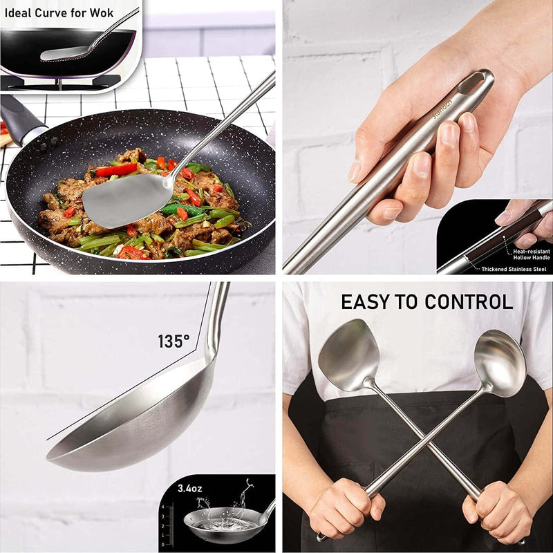 17Inch Wok Spatula and Ladle, Skimmer Spoon - 304 Stainless Steel Wok Tools Set - 3 Pieces All Metal Extra Long Handle Cooking Tools, Chinese Wok Utensils and Wok Accessories