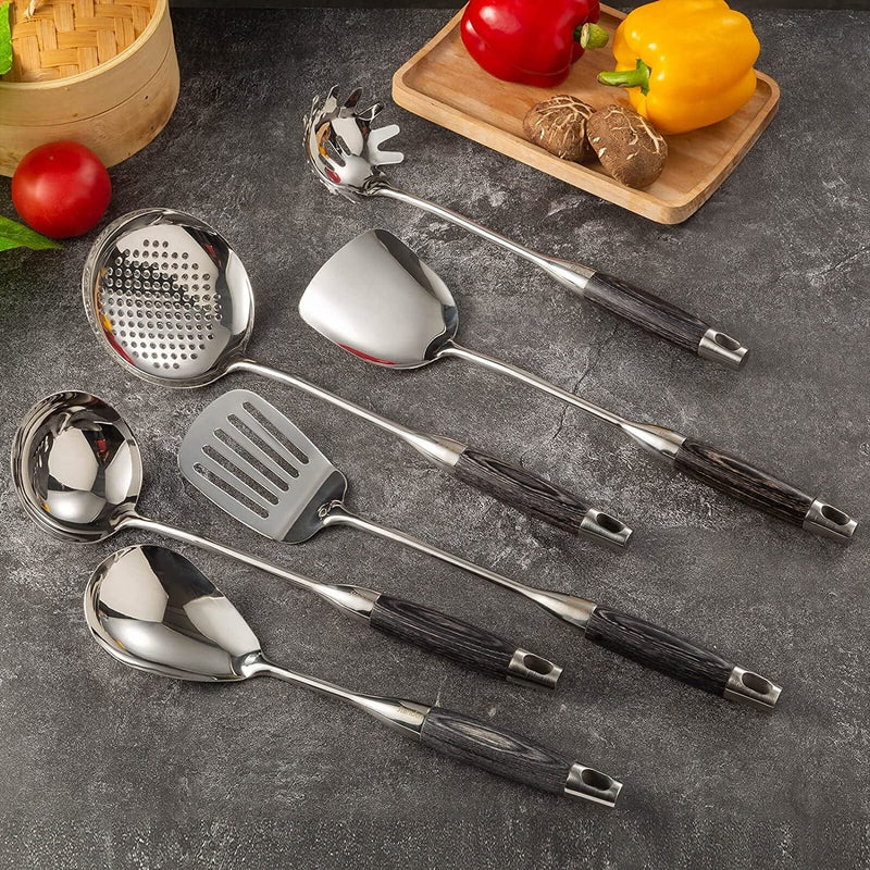 18/10 Stainless Steel Kitchen Utensils Set, 7 PCS Mirror Polished Premium Cooking Tool with Ebony Handle - Rotating Holder, Spatula, Slotted Spatula, Skimmer, Soup Ladle, Spaghetti Server, Large Spoon