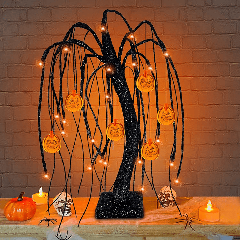 18'' Artificial Willow Tree Halloween Decor with Timer 24 Orange Lights and 6 Pumpkin Jack-o'-Lantern Halloween Lights Battery Powered Glitter Black Spooky Tree for Halloween Decorations Indoor Home Arts & Entertainment > Party & Celebration > Party Supplies TURNMEON Default Title  