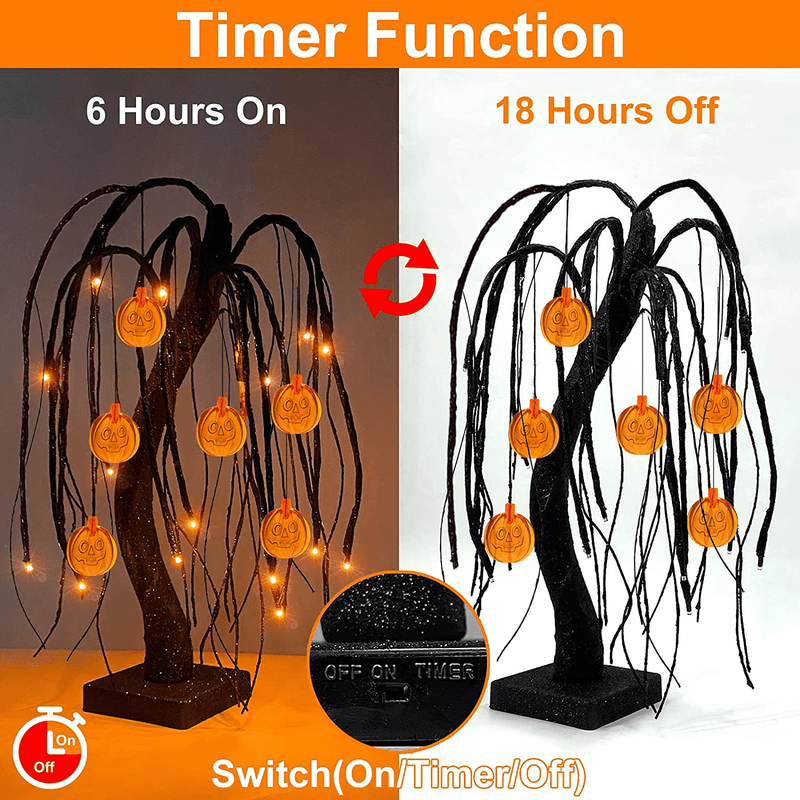 18'' Artificial Willow Tree Halloween Decor with Timer 24 Orange Lights and 6 Pumpkin Jack-o'-Lantern Halloween Lights Battery Powered Glitter Black Spooky Tree for Halloween Decorations Indoor Home