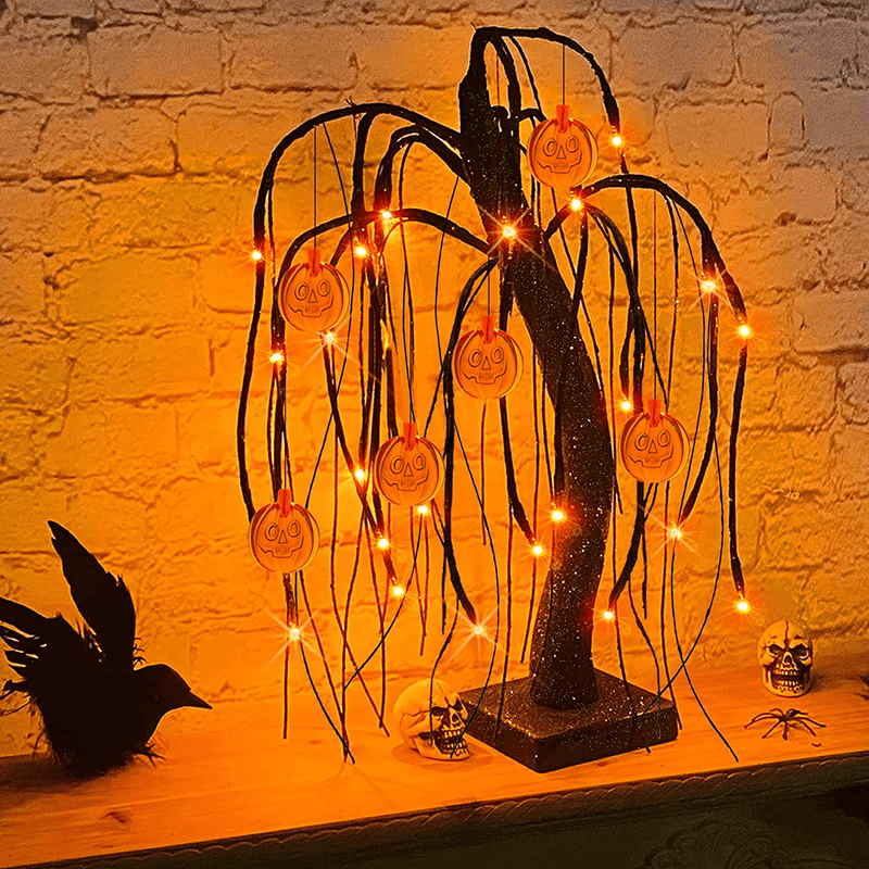 18'' Artificial Willow Tree Halloween Decor with Timer 24 Orange Lights and 6 Pumpkin Jack-o'-Lantern Halloween Lights Battery Powered Glitter Black Spooky Tree for Halloween Decorations Indoor Home Arts & Entertainment > Party & Celebration > Party Supplies TURNMEON   