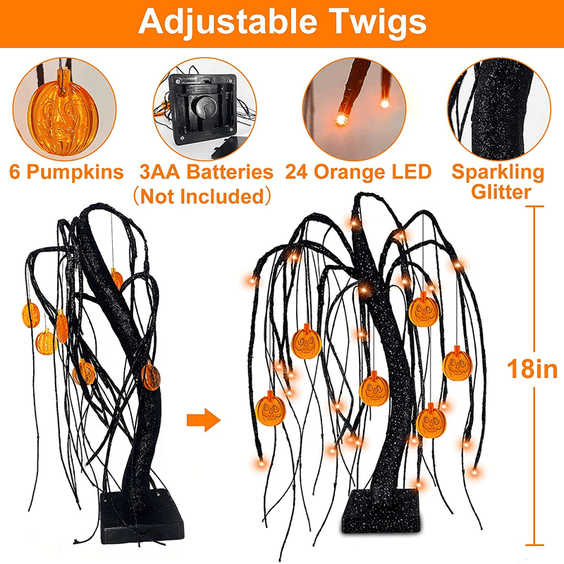 18'' Artificial Willow Tree Halloween Decor with Timer 24 Orange Lights and 6 Pumpkin Jack-o'-Lantern Halloween Lights Battery Powered Glitter Black Spooky Tree for Halloween Decorations Indoor Home Arts & Entertainment > Party & Celebration > Party Supplies TURNMEON   