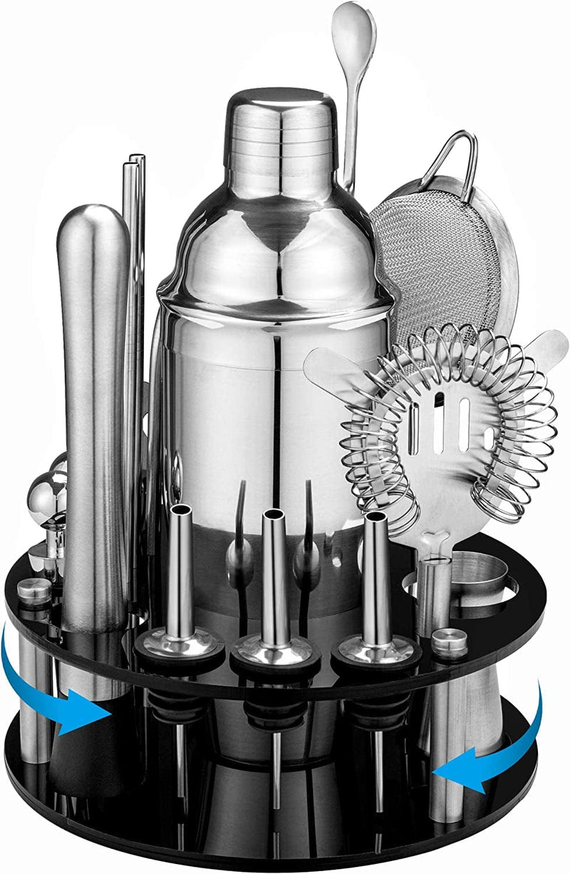 18 Piece Cocktail Shaker Set with Rotating Stand, Gifts for Men Dad Grandpa, Stainless Steel Bartender Kit Bar Tools Set, Home, Bars, Parties and Traveling (Gun-Metal Silver) Home & Garden > Kitchen & Dining > Barware Oyydecor Rotating Silver  