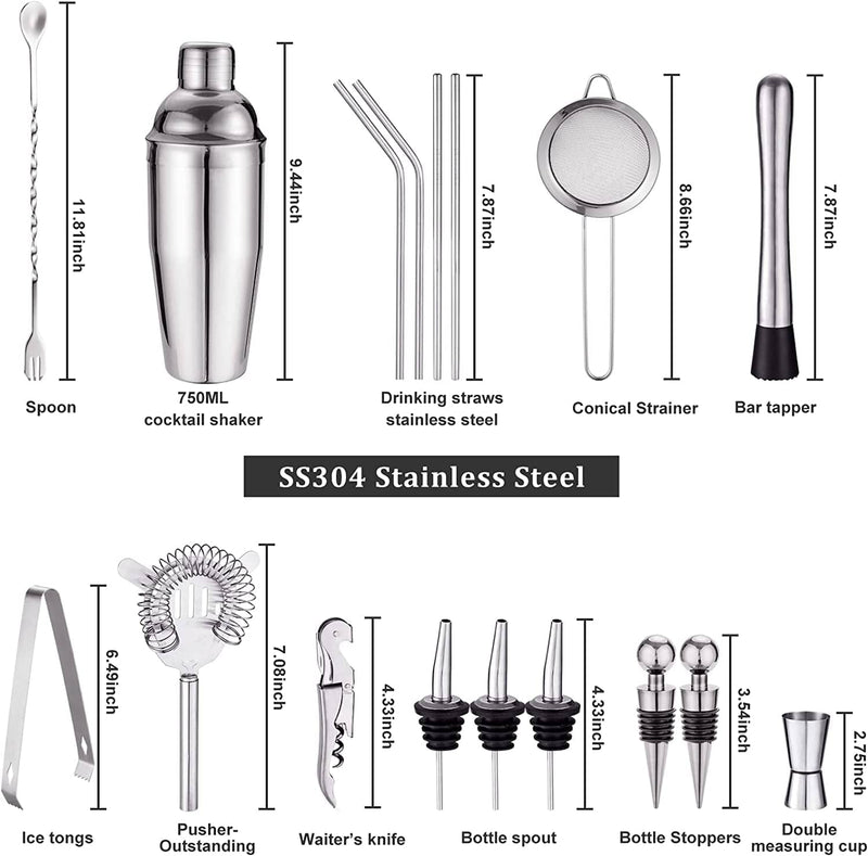 18 Piece Cocktail Shaker Set with Rotating Stand, Gifts for Men Dad Grandpa, Stainless Steel Bartender Kit Bar Tools Set, Home, Bars, Parties and Traveling (Gun-Metal Silver)