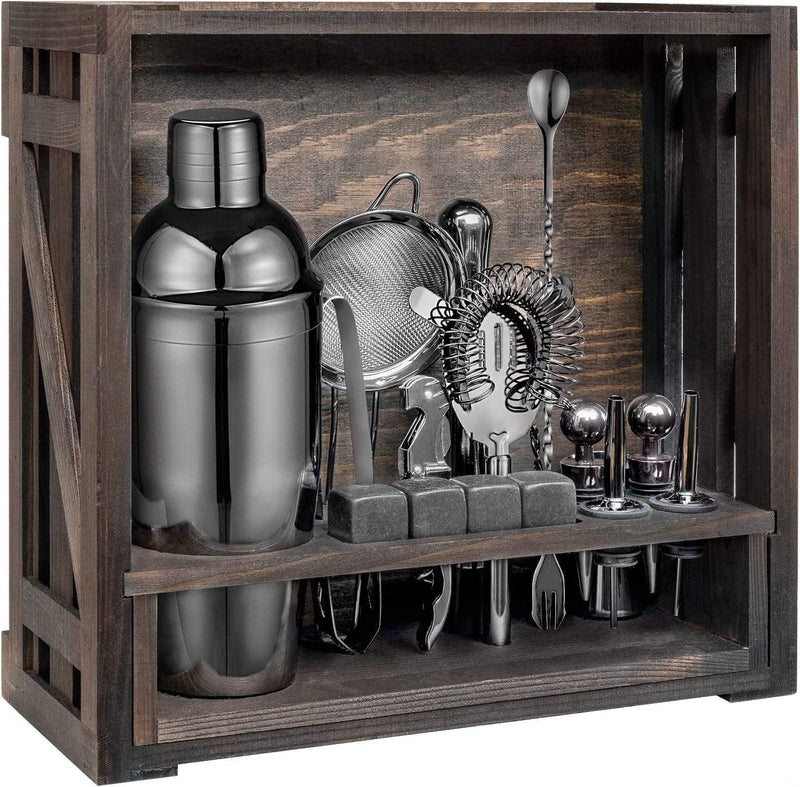 18 Piece Cocktail Shaker Set with Rustic Pine Stand, Gifts for Men Dad Grandpa, Stainless Steel Bartender Kit Bar Tools Set, Home, Bars, Parties and Traveling (Black) Home & Garden > Kitchen & Dining > Barware Oyydecor Pine Wood Black  