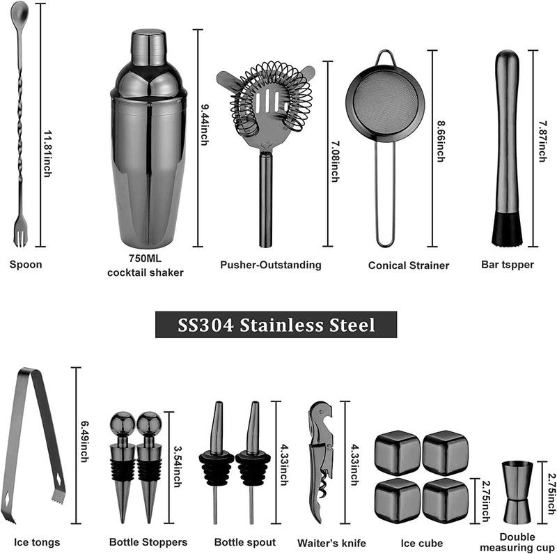 18 Piece Cocktail Shaker Set with Rustic Pine Stand, Gifts for Men Dad Grandpa, Stainless Steel Bartender Kit Bar Tools Set, Home, Bars, Parties and Traveling (Black) Home & Garden > Kitchen & Dining > Barware Oyydecor   