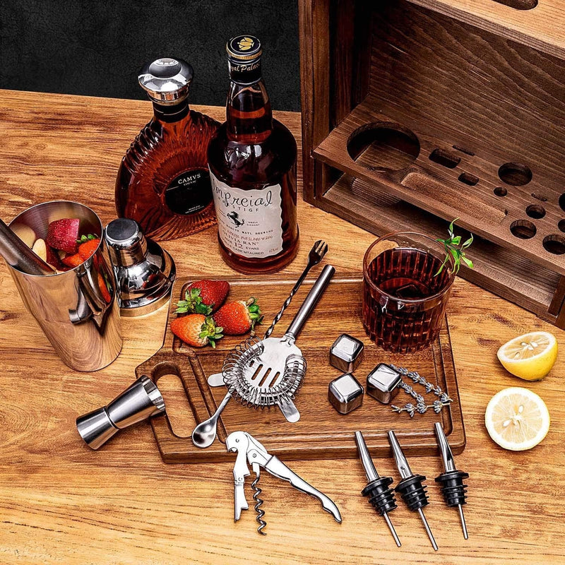 18 Piece Cocktail Shaker Set with Rustic Pine Stand, Gifts for Men Dad Grandpa, Stainless Steel Bartender Kit Bar Tools Set, Home, Bars, Parties and Traveling (Black) Home & Garden > Kitchen & Dining > Barware Oyydecor   