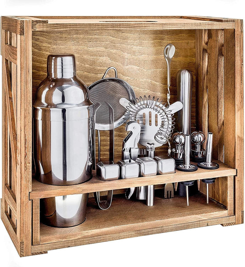18 Piece Cocktail Shaker Set with Rustic Pine Stand, Gifts for Men Dad Grandpa, Stainless Steel Bartender Kit Bar Tools Set, Home, Bars, Parties and Traveling (Black)