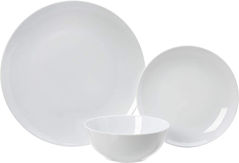 18-Piece Kitchen Dinnerware Set, Plates, Dishes, Bowls, Service for 6, White Porcelain Coupe