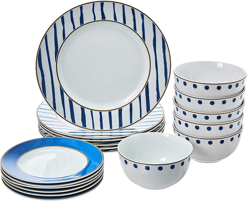 18-Piece Kitchen Dinnerware Set, Plates, Dishes, Bowls, Service for 6, White Porcelain Coupe Home & Garden > Kitchen & Dining > Tableware > Dinnerware KOL DEALS Blue Accent  