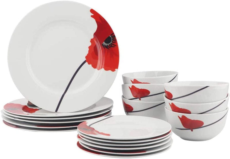 18-Piece Kitchen Dinnerware Set, Plates, Dishes, Bowls, Service for 6, White Porcelain Coupe Home & Garden > Kitchen & Dining > Tableware > Dinnerware KOL DEALS Poppy  