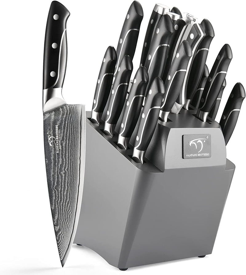18 Pieces Damascus Kitchen Knife Set, 8 Piece Steak Knives, Non-Slip ABS Ergonomic Triple Rivet Handle for Meat Fork, Knife Sharpener and Kitchen Shears, 17 Slots Fraxinus Manchuria Knife Block (Grey) Home & Garden > Kitchen & Dining > Kitchen Tools & Utensils > Kitchen Knives NANFANG BROTHERS XingRui 18 Pieces Grey  