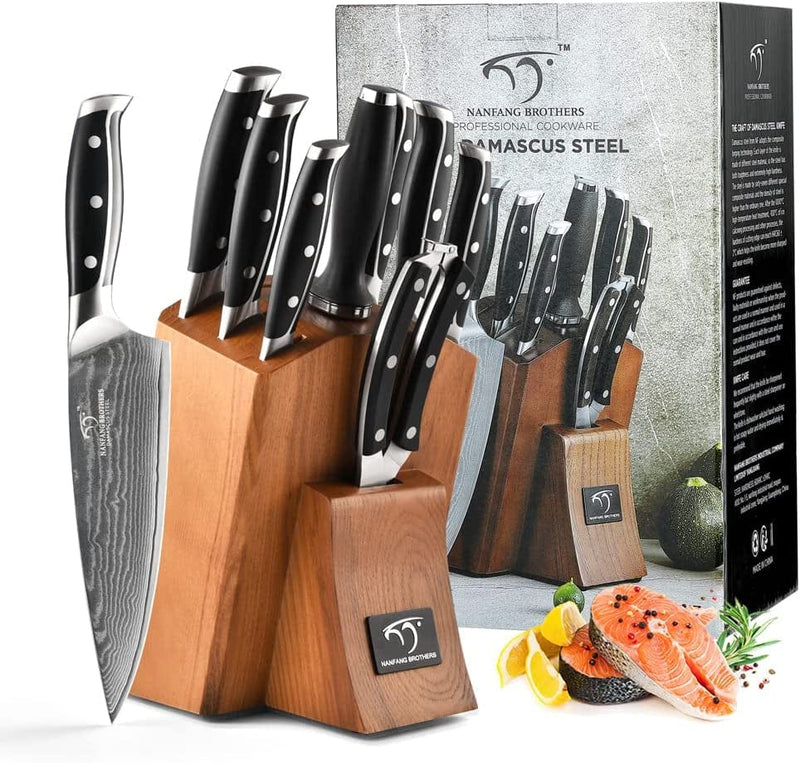 18 Pieces Damascus Kitchen Knife Set, 8 Piece Steak Knives, Non-Slip ABS Ergonomic Triple Rivet Handle for Meat Fork, Knife Sharpener and Kitchen Shears, 17 Slots Fraxinus Manchuria Knife Block (Grey) Home & Garden > Kitchen & Dining > Kitchen Tools & Utensils > Kitchen Knives NANFANG BROTHERS WanRui 9 Piece Brown  