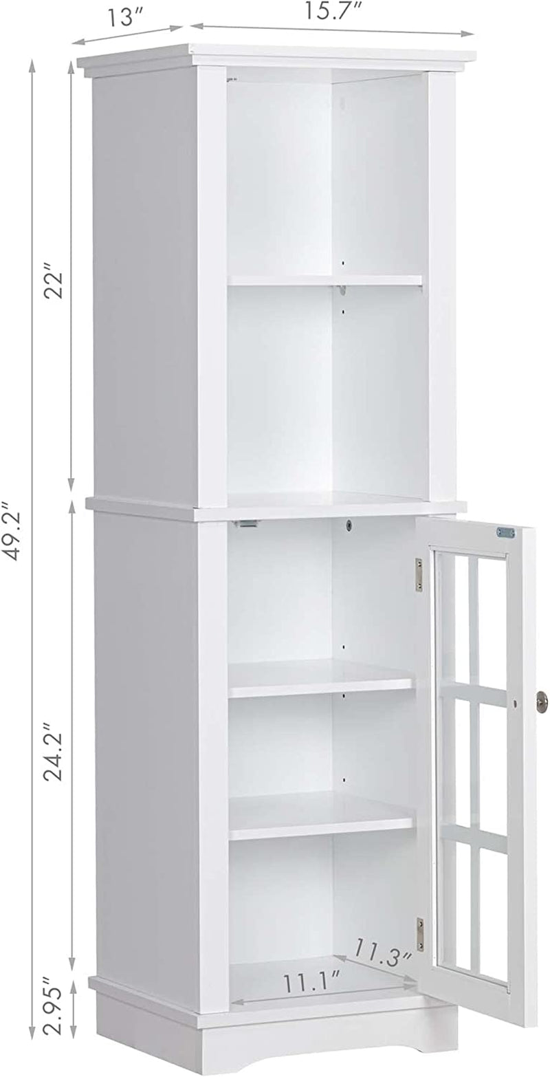 Spirich Home Tall Narrow Storage Cabinet, Bathroom Floor Slim Cabinet with Windowpanel Glass Door, Freestanding Linen Tower, White