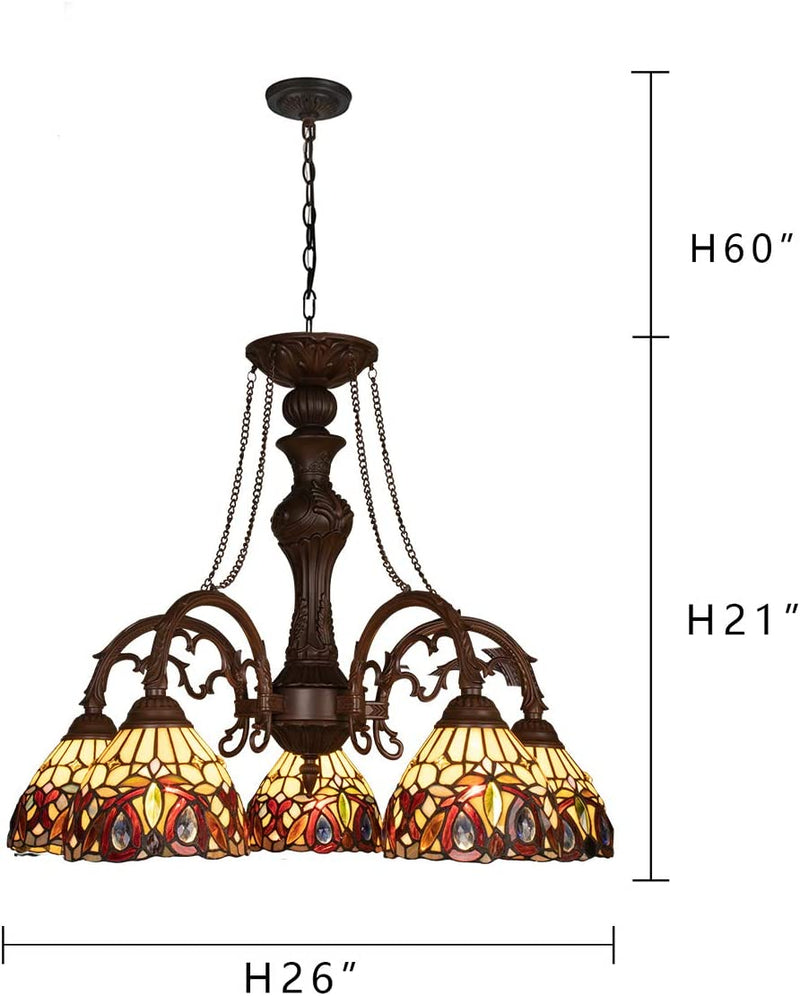 Capulina Tiffany Chandeliers 5-Light X7 Stained Glass Shade Antique Style Pendant Light for Dining Room Foyer Kitchen