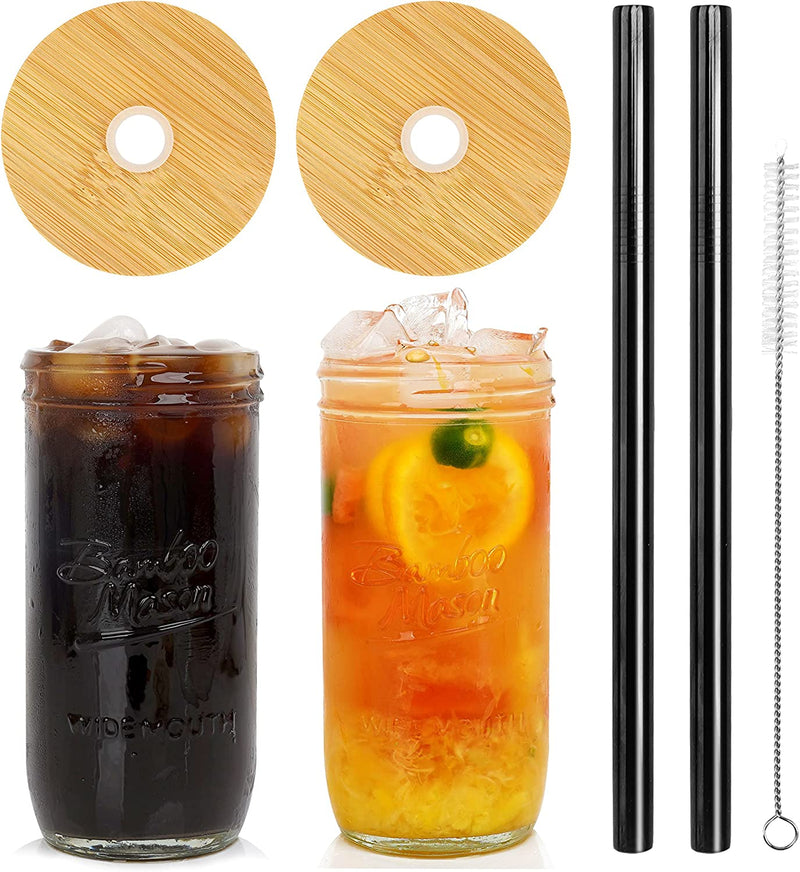 Mason Jar with Lid and Straw, ANOTION 32Oz Wide Mouth Boba Cup Reusable Drinking Glasses Tumbler Smoothie Water Bottles for Iced Coffee Margaritas Ice Cream Juice Cocktail Travel Office Home Home & Garden > Kitchen & Dining > Tableware > Drinkware ANOTION 2 Jars: Upgrade Bamboo Lid+Black Straw  