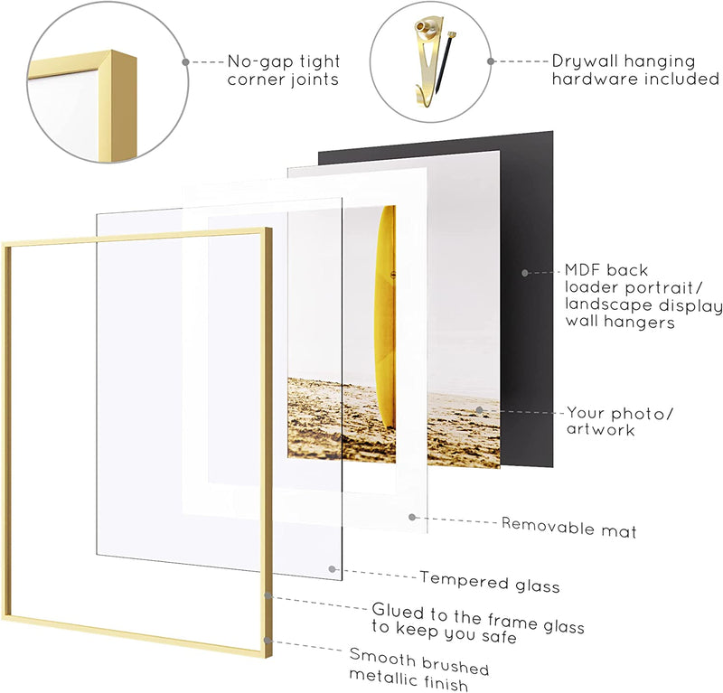 Homeforia 20X24 Gold Frame Matted to 16X20 - Metal 20 X 24 Picture Frames for Wall - Aluminum 20 by 24 Poster Frame - Tempered Glass - Wall Hook Included - Set of 1