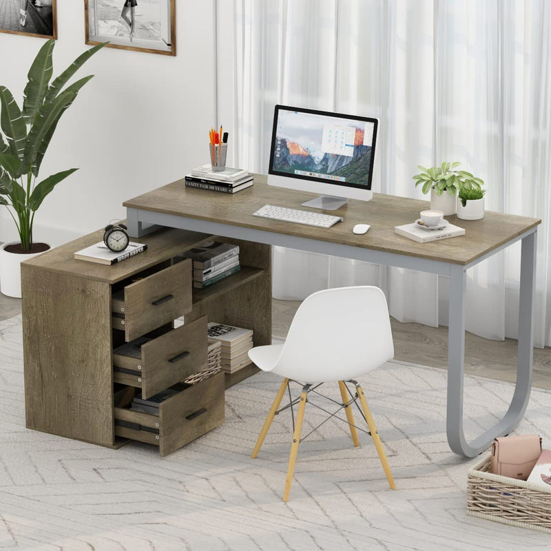 FUFU&GAGA Large 55.1" L-Shaped Office Desk with 41.3" File Cabinet, Corner Computer Desk with 3 Drawers & 2 Shelves, Workstation Executive Desk with Storage Shelf for Home Office - Dark Brown Home & Garden > Household Supplies > Storage & Organization FUFU&GAGA   