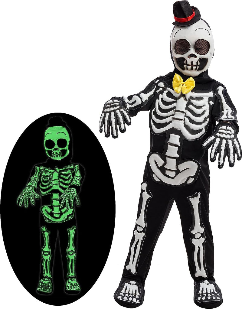 Spooktacular Creations Glows in the Dark Skeleton Costume, Black Skelebones Jumpsuit, Bone Halloween Costume for Toddler, Kids, Boys-S(5-7Yr)