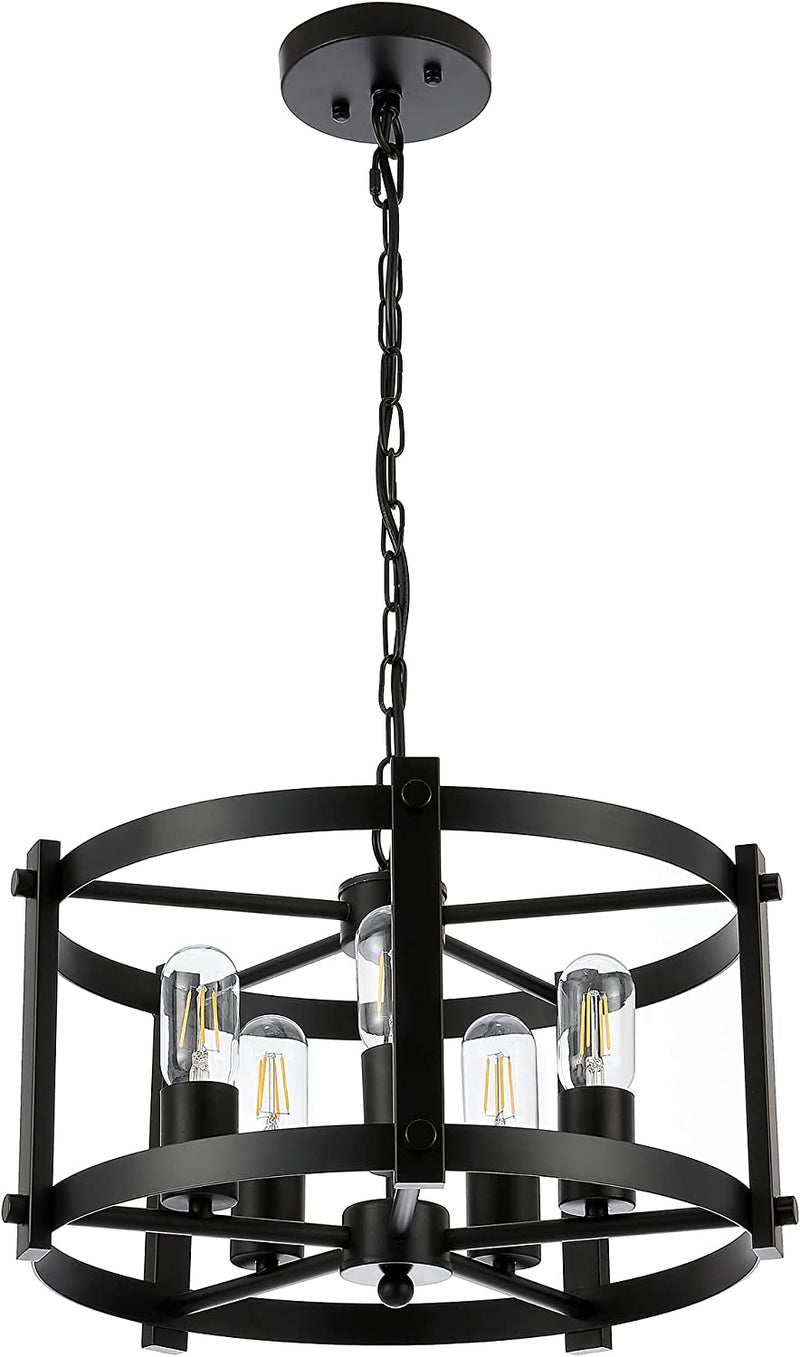 WINGBO 5-Light Farmhouse round Chandelier, Industrial Hanging Pendant Light with Metal Drum Shade, Height Adjustable for Flat and Slop Ceiling, Kitchen Island, Dining Room, Living Room, Nickel Home & Garden > Lighting > Lighting Fixtures > Chandeliers WINGBO Black  