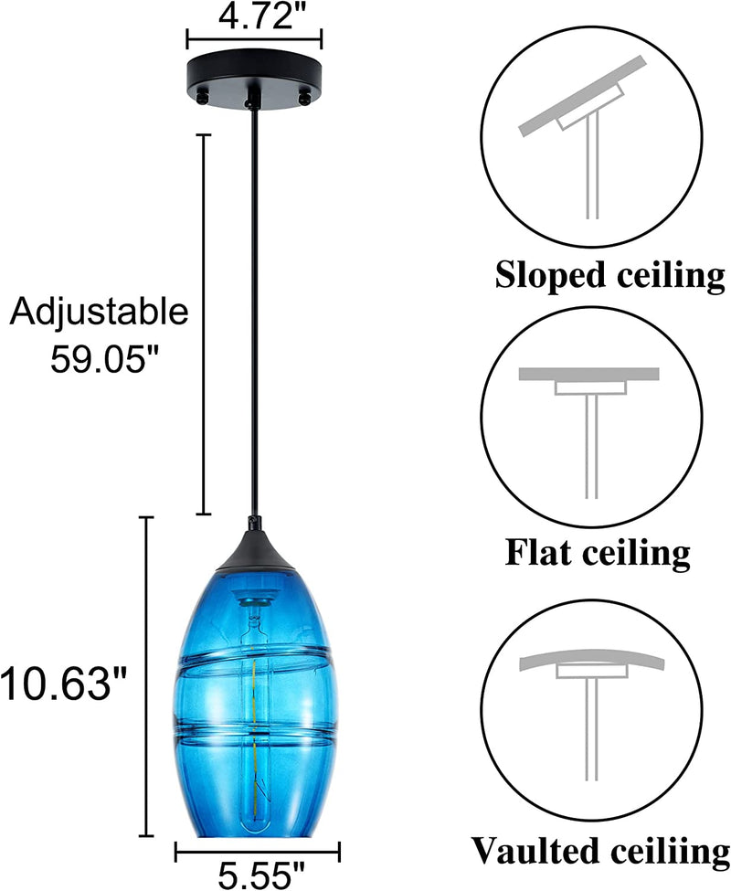 Modern Blue Glass Pendant Light,1-Light Mini Glass Oval Shade Pendant Lighting Fixture for Kitchen Island, Sink, Counter, Bar, Dining Room, Matte Black Finish