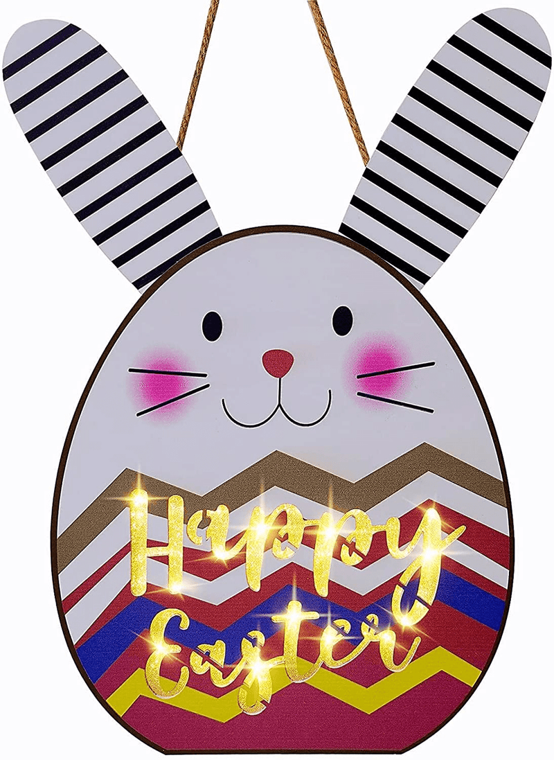 18Inch Happy Easter Bunny Door-Sign Wreath Decorations - Wooden Easter Spring Welcome Front Door Porch Eggs Rabbit Sign Hanger Wreath Lighted Timer Home Wall Indoor Window Outdoor Decor Home & Garden > Decor > Seasonal & Holiday Decorations SPGroup Easter A with light  