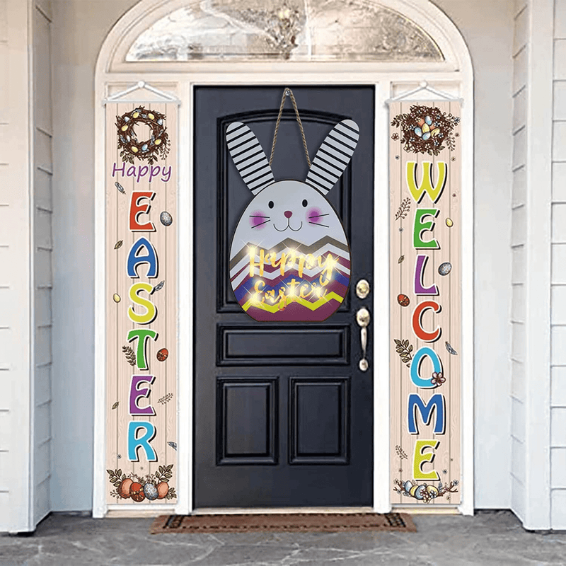18Inch Happy Easter Bunny Door-Sign Wreath Decorations - Wooden Easter Spring Welcome Front Door Porch Eggs Rabbit Sign Hanger Wreath Lighted Timer Home Wall Indoor Window Outdoor Decor Home & Garden > Decor > Seasonal & Holiday Decorations SPGroup   