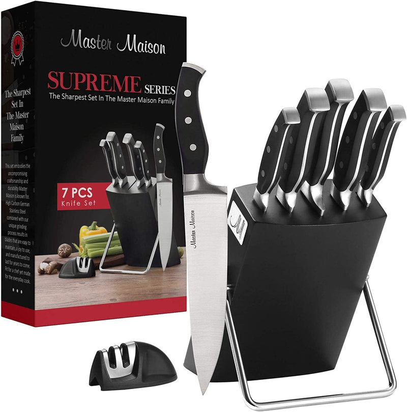 19-Piece Kitchen Knife Set with Wooden Knife Block - German Stainless Steel Knife Set for Kitchen with Block, Paring, Chefs, Santoku, Carving, Utility & 8 Steak Knives - Knife Sharpener & Shears Home & Garden > Kitchen & Dining > Kitchen Tools & Utensils > Kitchen Knives Master Maison Black 7-Piece 