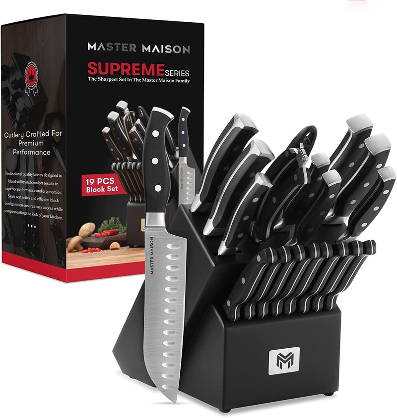 19-Piece Kitchen Knife Set with Wooden Knife Block - German Stainless Steel Knife Set for Kitchen with Block, Paring, Chefs, Santoku, Carving, Utility & 8 Steak Knives - Knife Sharpener & Shears Home & Garden > Kitchen & Dining > Kitchen Tools & Utensils > Kitchen Knives Master Maison Black 19-Piece 