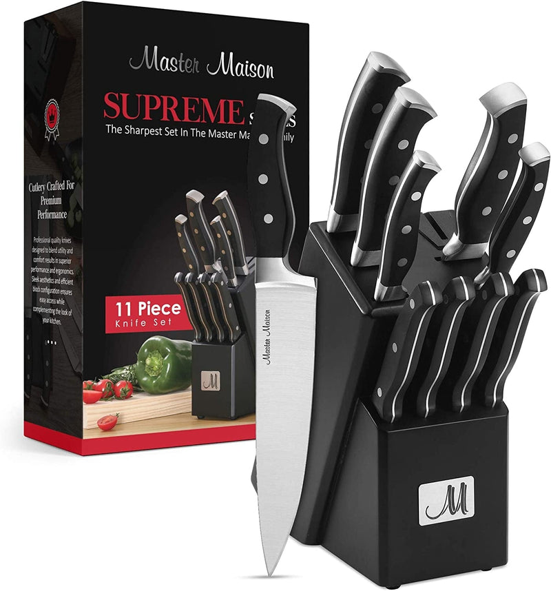 19-Piece Kitchen Knife Set with Wooden Knife Block - German Stainless Steel Knife Set for Kitchen with Block, Paring, Chefs, Santoku, Carving, Utility & 8 Steak Knives - Knife Sharpener & Shears Home & Garden > Kitchen & Dining > Kitchen Tools & Utensils > Kitchen Knives Master Maison Black 11-Piece 
