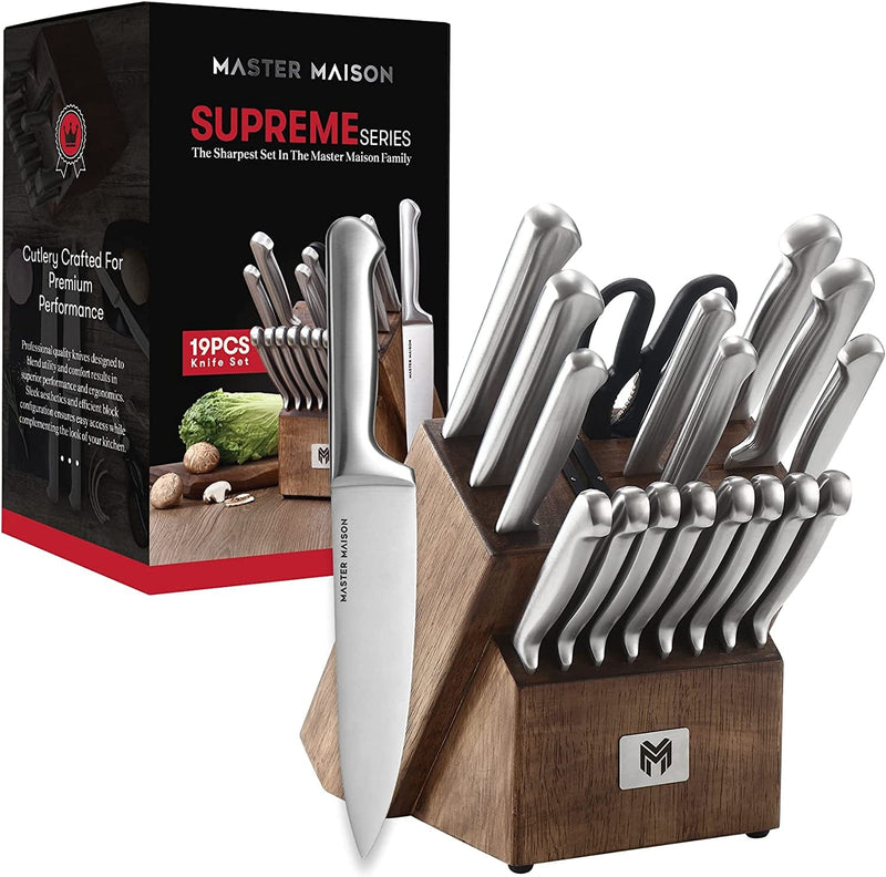 19-Piece Kitchen Knife Set with Wooden Knife Block - German Stainless Steel Knife Set for Kitchen with Block, Paring, Chefs, Santoku, Carving, Utility & 8 Steak Knives - Knife Sharpener & Shears Home & Garden > Kitchen & Dining > Kitchen Tools & Utensils > Kitchen Knives Master Maison Silver 19-Piece 