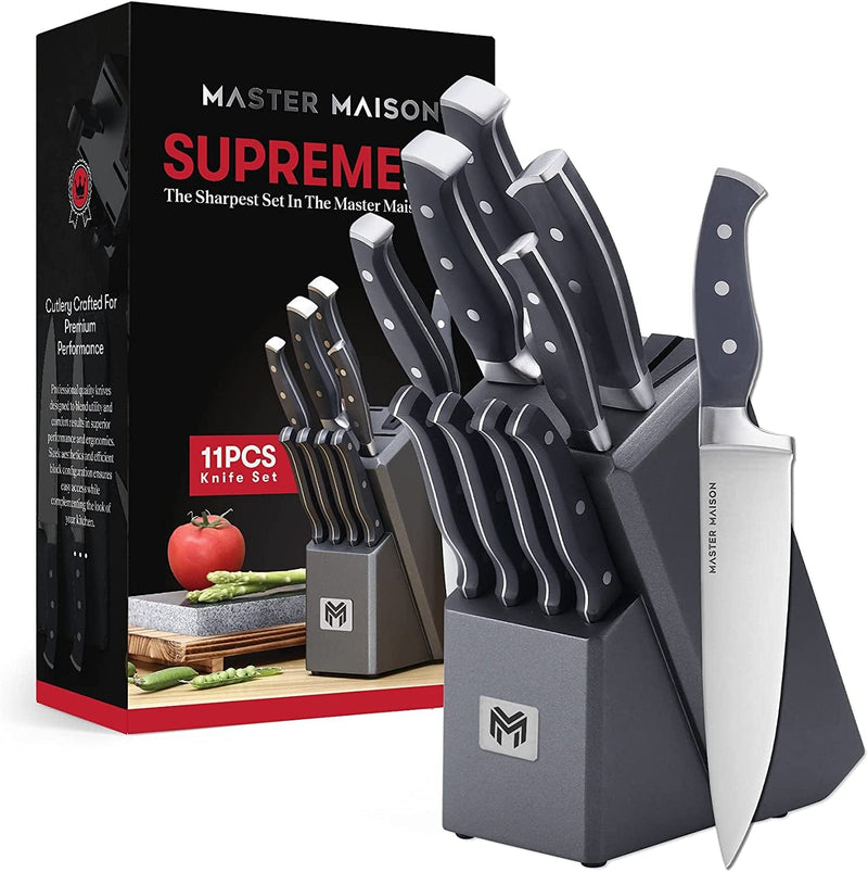 19-Piece Kitchen Knife Set with Wooden Knife Block - German Stainless Steel Knife Set for Kitchen with Block, Paring, Chefs, Santoku, Carving, Utility & 8 Steak Knives - Knife Sharpener & Shears Home & Garden > Kitchen & Dining > Kitchen Tools & Utensils > Kitchen Knives Master Maison Gray 11-Piece 
