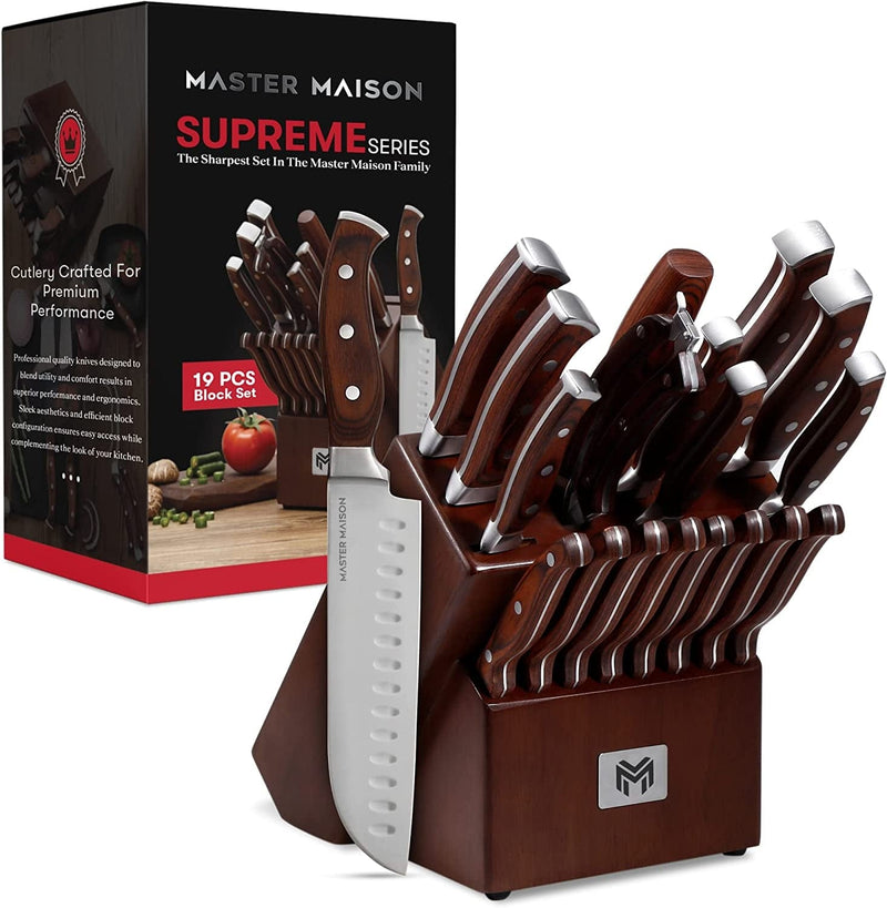 19-Piece Kitchen Knife Set with Wooden Knife Block - German Stainless Steel Knife Set for Kitchen with Block, Paring, Chefs, Santoku, Carving, Utility & 8 Steak Knives - Knife Sharpener & Shears Home & Garden > Kitchen & Dining > Kitchen Tools & Utensils > Kitchen Knives Master Maison Walnut 19-Piece 